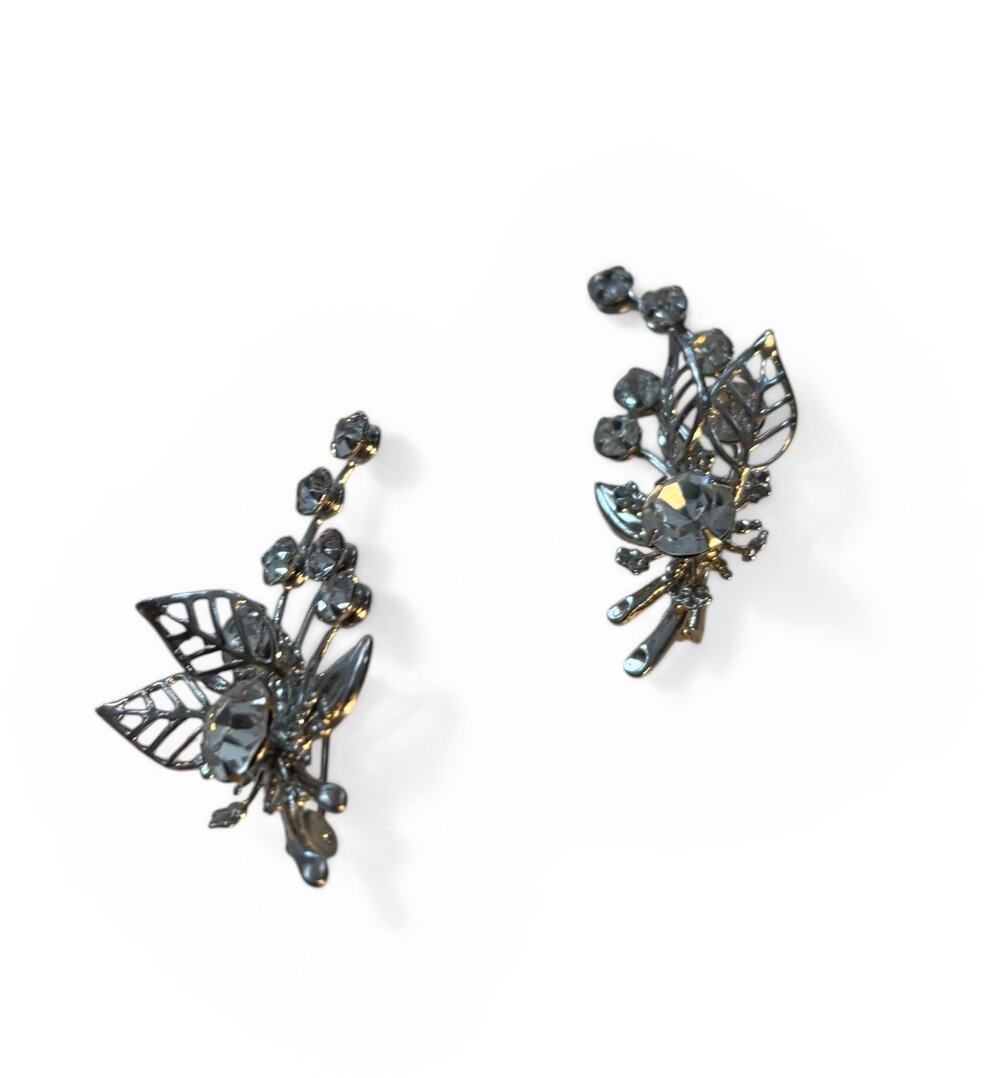 Vintage Rhinestone Floral Spray Brooch Pair Clear Crystal Leaf Pins Mid Century